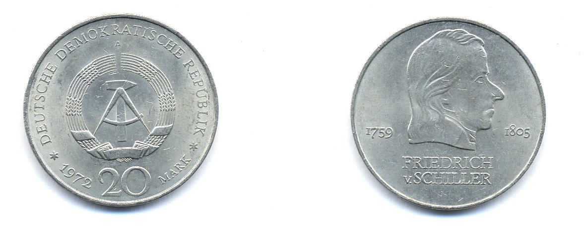 ГДР 20 марок 1972 А, Фридрих Шиллер (1759-1805) KM 40 медно-никель 3333-733