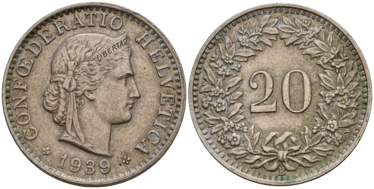 Швейцария 20 раппенов 1939 B KM 29a медно-никель 4187-755