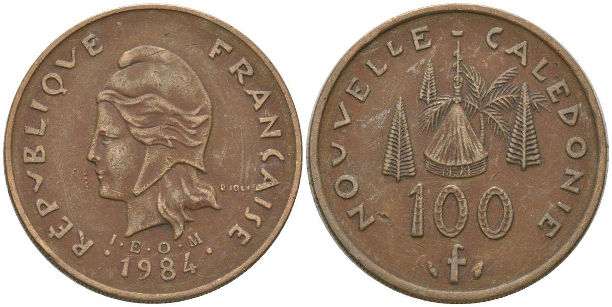 Французская Новая Каледония 100 франков 1984 хижина среди сосен и пальм, (IEOM) KM 15, Schoen 16, Lec 134 никель латунь 4137-736