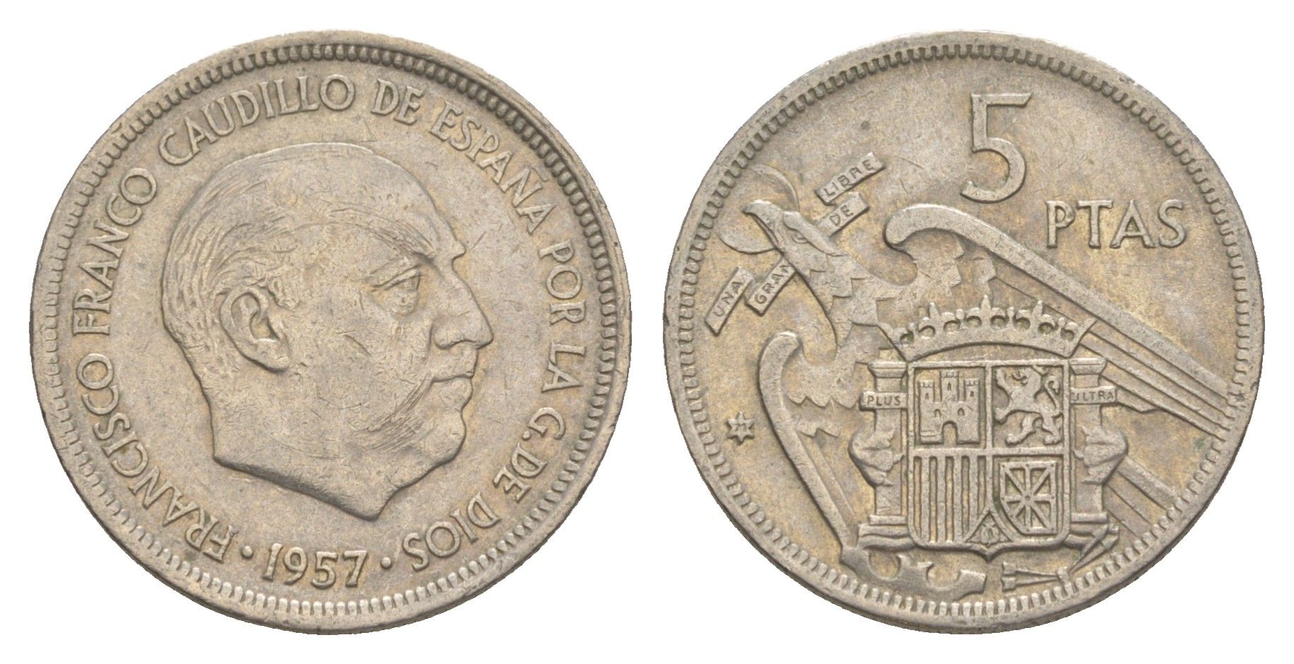 Испания 5 песет 1957 (73) Франсиско Франко (1939-1975) KM 786 медно-никель 4538-416