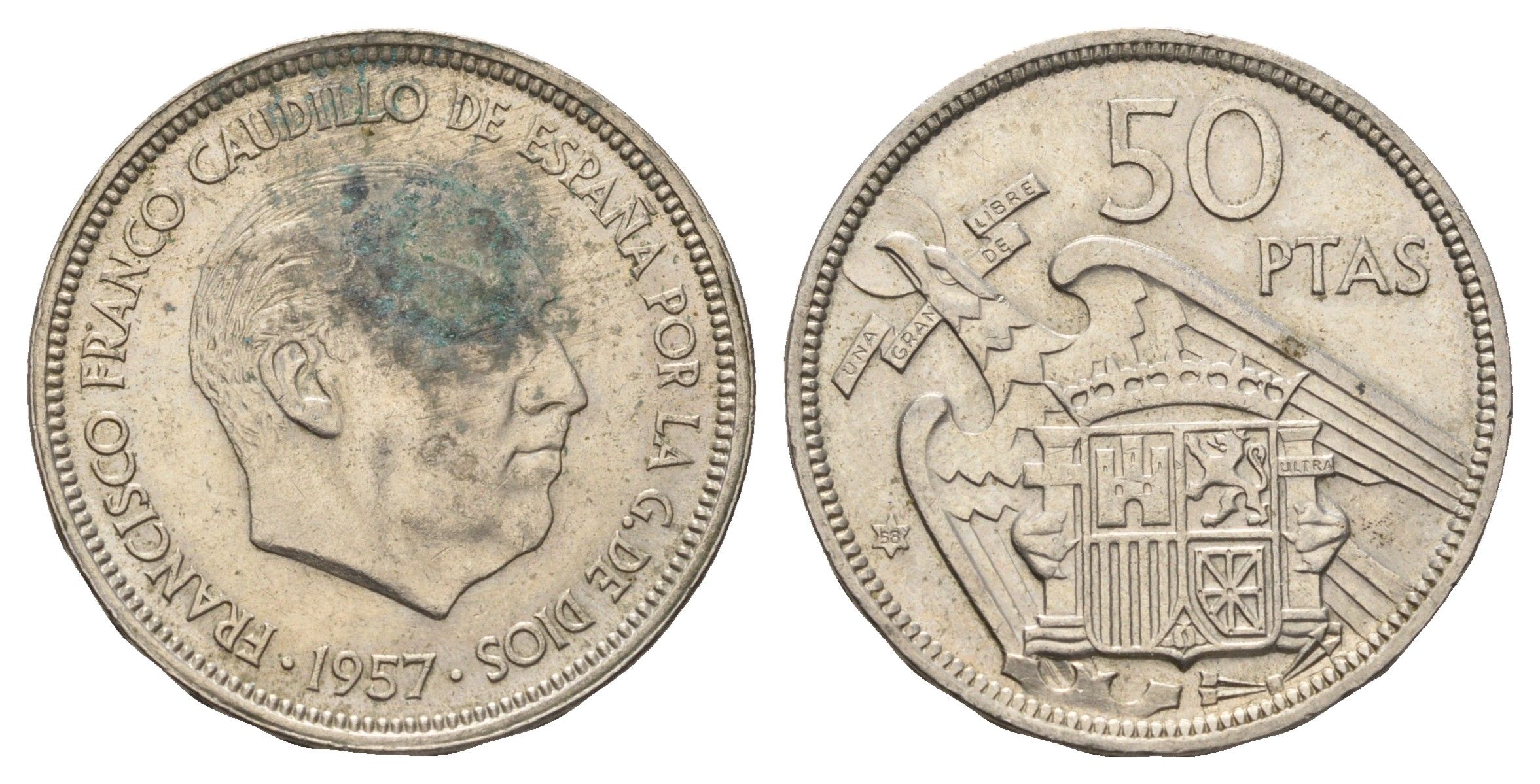 Испания 50 песет 1957 (58) Франсиско Франко (1939-1975) KM 788 медно-никель 4137-725