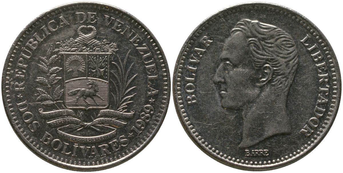 Венесуэла 2 боливара 1989 Combinations : 2 + B, Werdohl Metalworks KM 43a.2 сталь плакированная никелем 4529-211