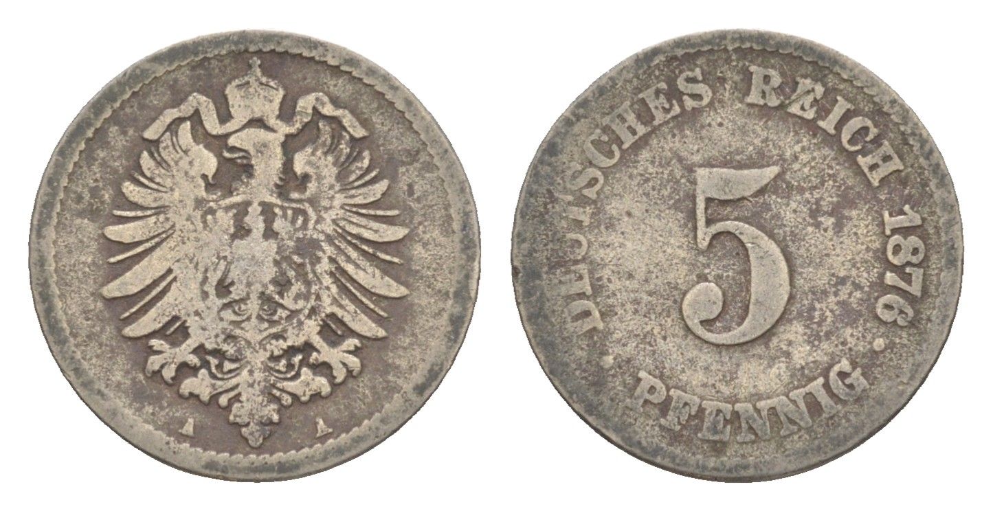 Германия 5 пфеннигов 1876 A, Вильгельм II (1888-1918) KM 3, J. 3 медно-никель 4647-856