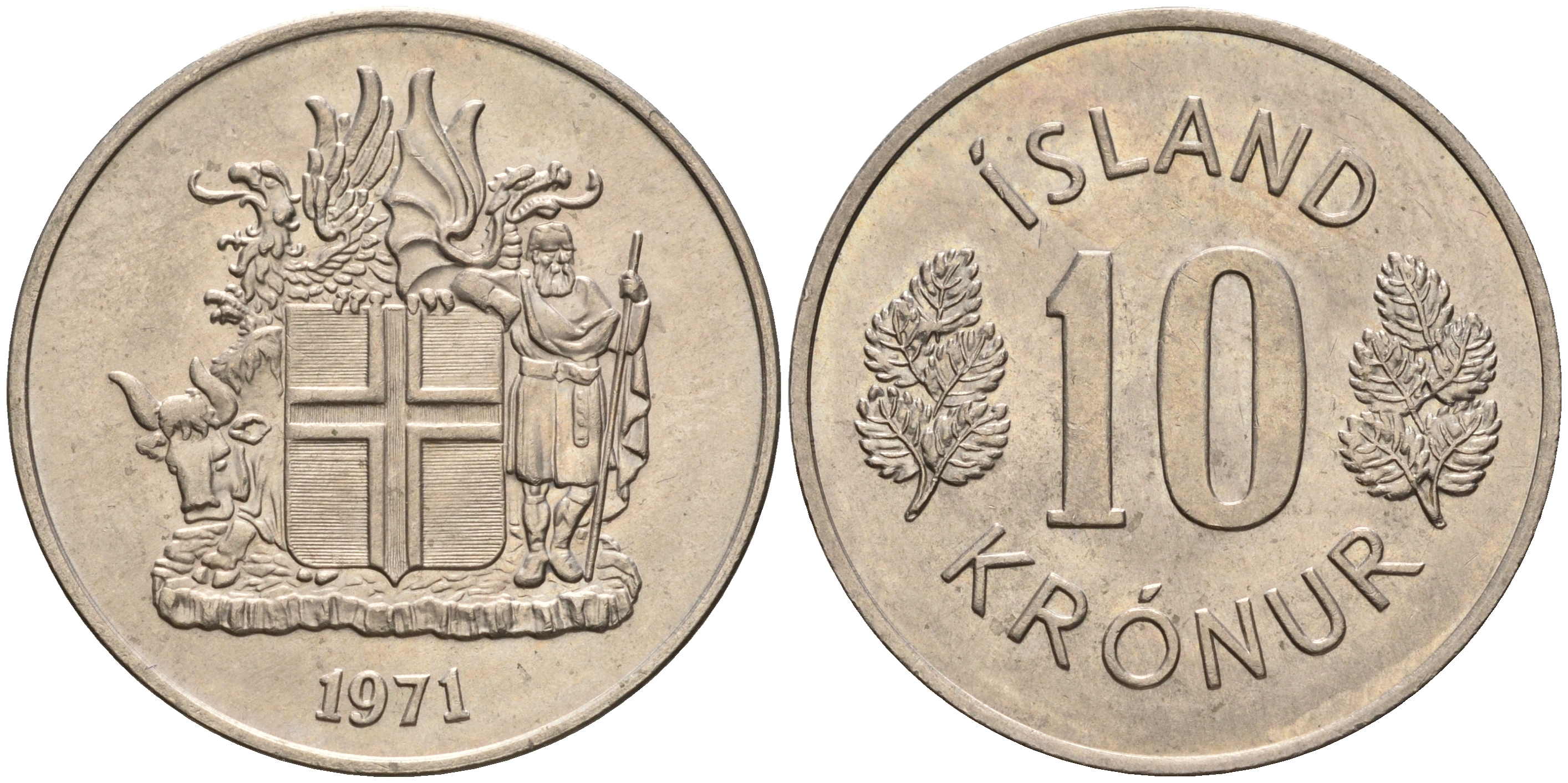 Исландия 10 крон 1971 KM 15 медно-никель UNC 4606-653