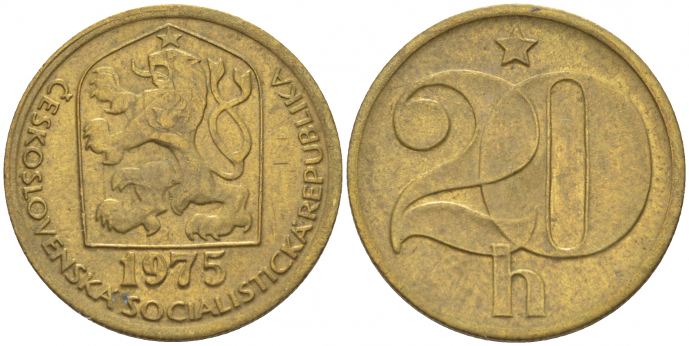 ЧЕХОСЛОВАКИЯ 20 ГЕЛЛЕРОВ 1975 KM 74 латунь 112-854