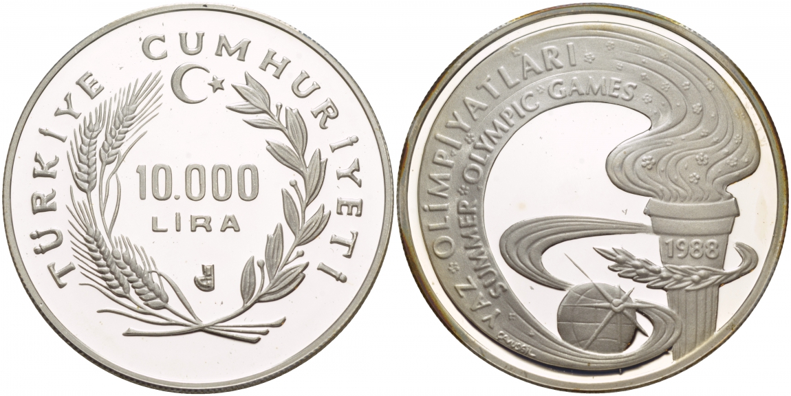 Турция 10000 лир 1988 Олимпиада 1988, Факел KM 984 серебро PROOF 1088-8-14