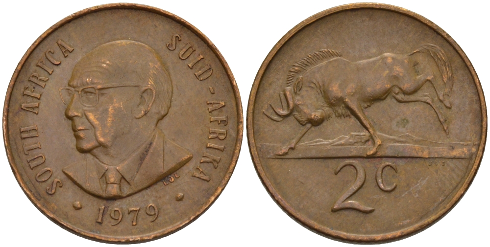 ЮАР 2 ЦЕНТА 1979 ПРЕЗИДЕНТ НИКОЛААС ЙОХАННЕС ДИДЕРИХС, АНТИЛОПА ГНУ KM 99 бронза 67-324