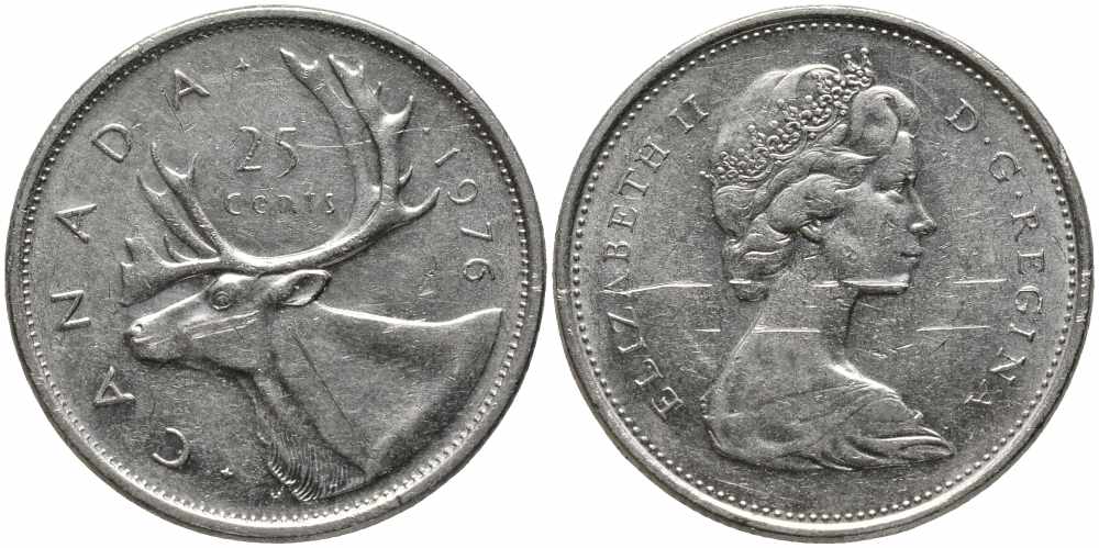 Канада 25 центов 1976 олень карибу, Елизавета II (1952-2022) KM 62b никель 4175-236
