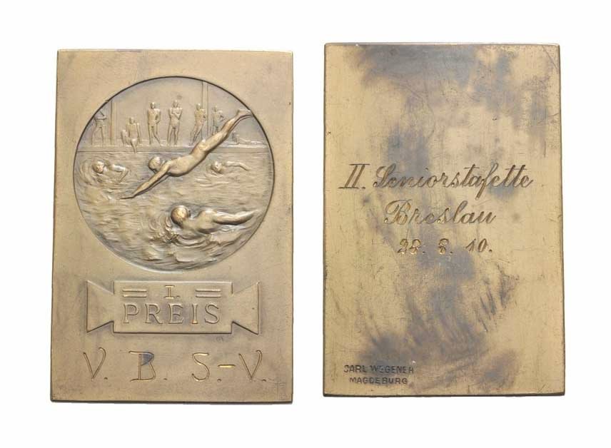 Германия плакетка 1910 I место в соревнованиях по плаванияю в Бреслау, 40*60 мм, 44,1 гр 1079-6-42