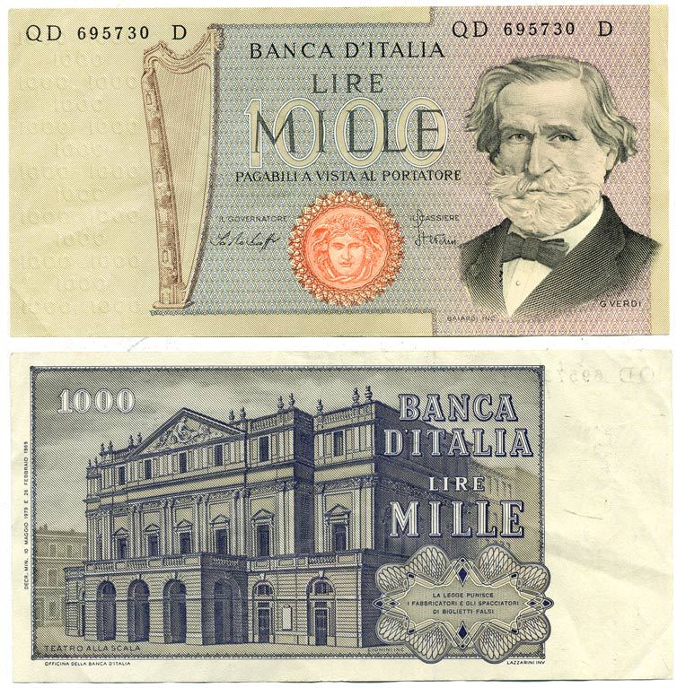 Италия 1000 лир 1979 Джузеппе Верди, Милан Ла Скала Pick 101f бумага 7551-44-2-2
