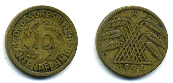 ГЕРМАНИЯ 10 РЕНТЕНПФЕННИГОВ 1924 A KM 33, J. 309, Weege 8 алюминиевая бронза 56-943