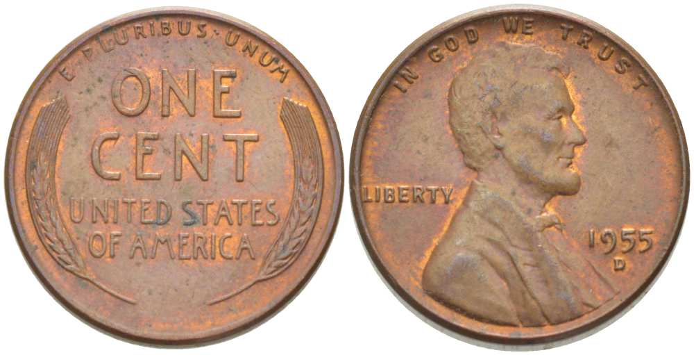 США 1 ЦЕНТ 1955 D, ЛИНКОЛЬН KM А132 медь цинк 218-648