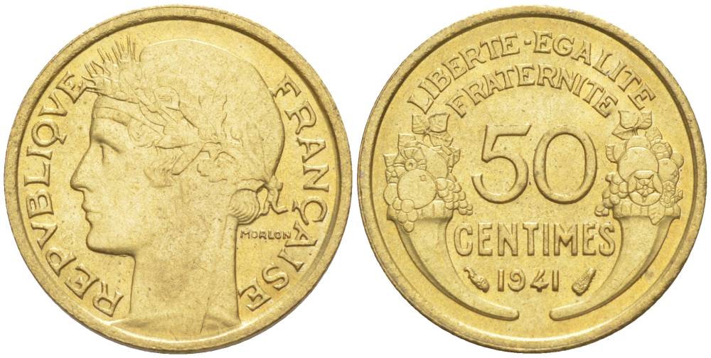 ФРАНЦИЯ 50 САНТИМОВ 1941 ТИП MORLON KM 894.1, LE FRANC 192.18 алюминиевая бронза 44-535