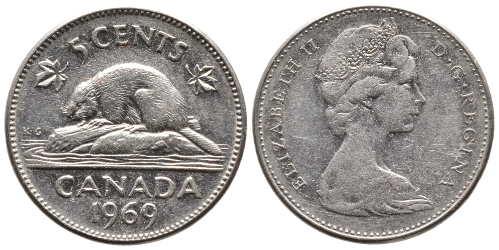КАНАДА 5 ЦЕНТОВ 1969 БОБЕР, ЕЛИЗАВЕТА II KM 60.1 никель 73-1657