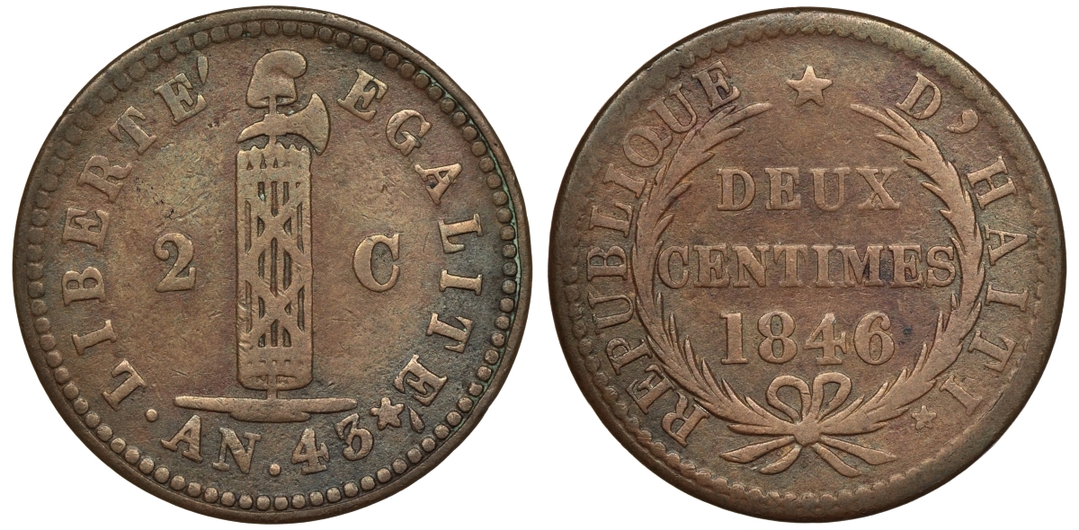 Гаити 2 сантима 1846 24 мм. KM 27.1 медь 1526-533