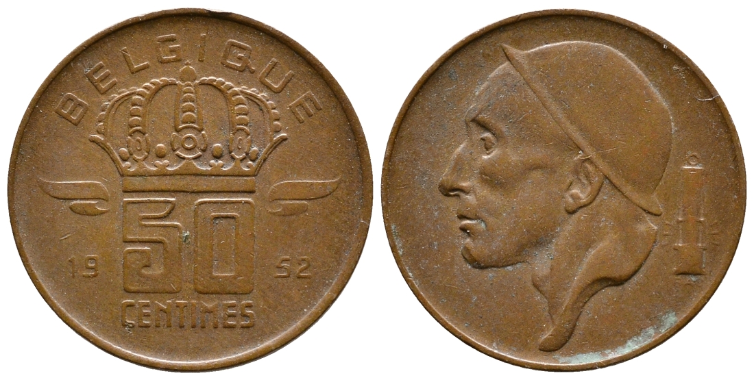 БЕЛЬГИЯ 50 САНТИМОВ 1952 BELGIQUE КМ 144 бронза 56-1136