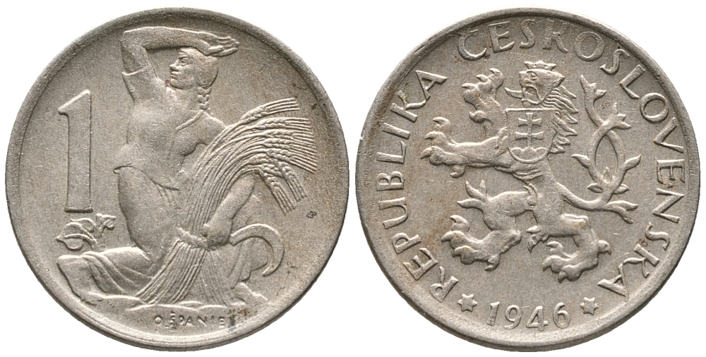 ЧЕХОСЛОВАКИЯ 1 КРОНА 1946 ЖЕНЩИНА СО СНОПОМ И СЕРПОМ KM 19 медно-никель 24-1142
