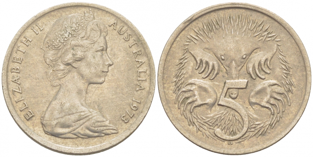 АВСТРАЛИЯ 5 ЦЕНТОВ 1973 ЕЛИЗАВЕТА II, МОЛОДОЙ ПОРТРЕТ, ЕХИДНА KM 64 медно-никель UNC 3851-1126