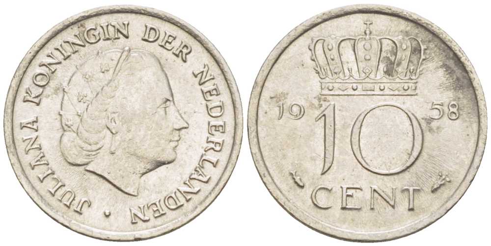 НИДЕРЛАНДЫ 10 ЦЕНТОВ 1958 ЮЛИАНА (1948-1980) KM 182 никель 214-1147