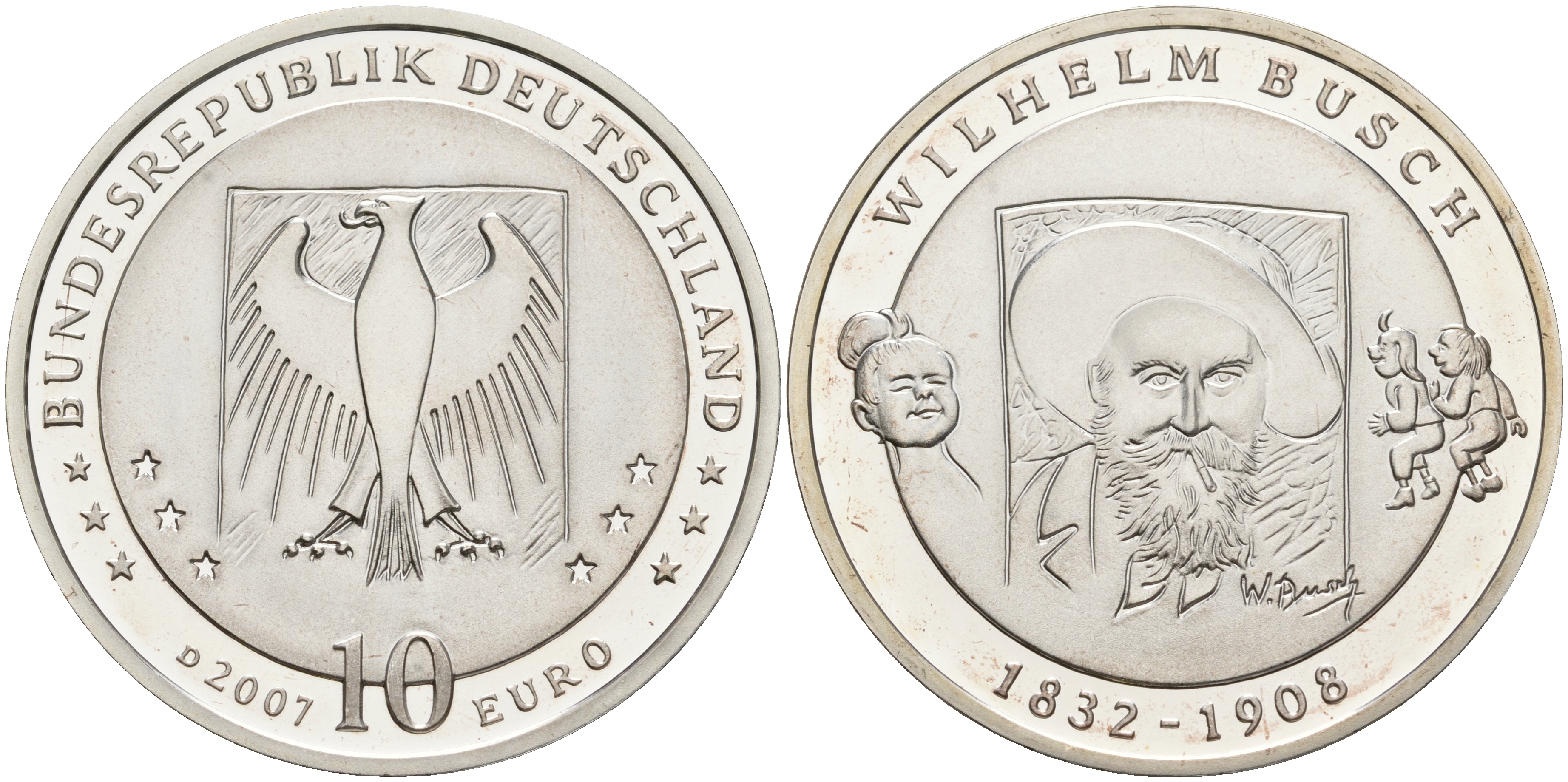 ФРГ 10 евро 2007 D, 175 лет со дня рождения Вильгельма Буша KM 265, DE.S. 10.31 серебро PROOF 1076-3-71