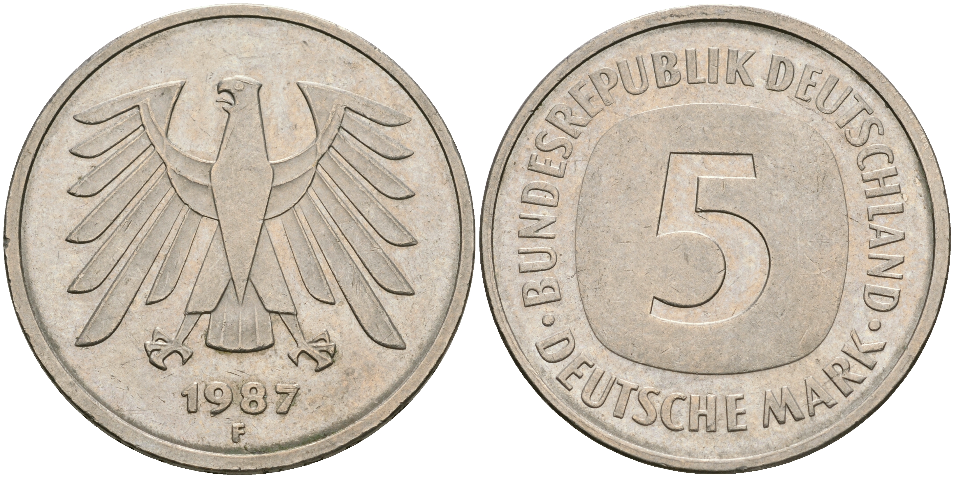 ФРГ 5 марок 1987 F, J. 415 медно-никель плакированный никелем 08-632