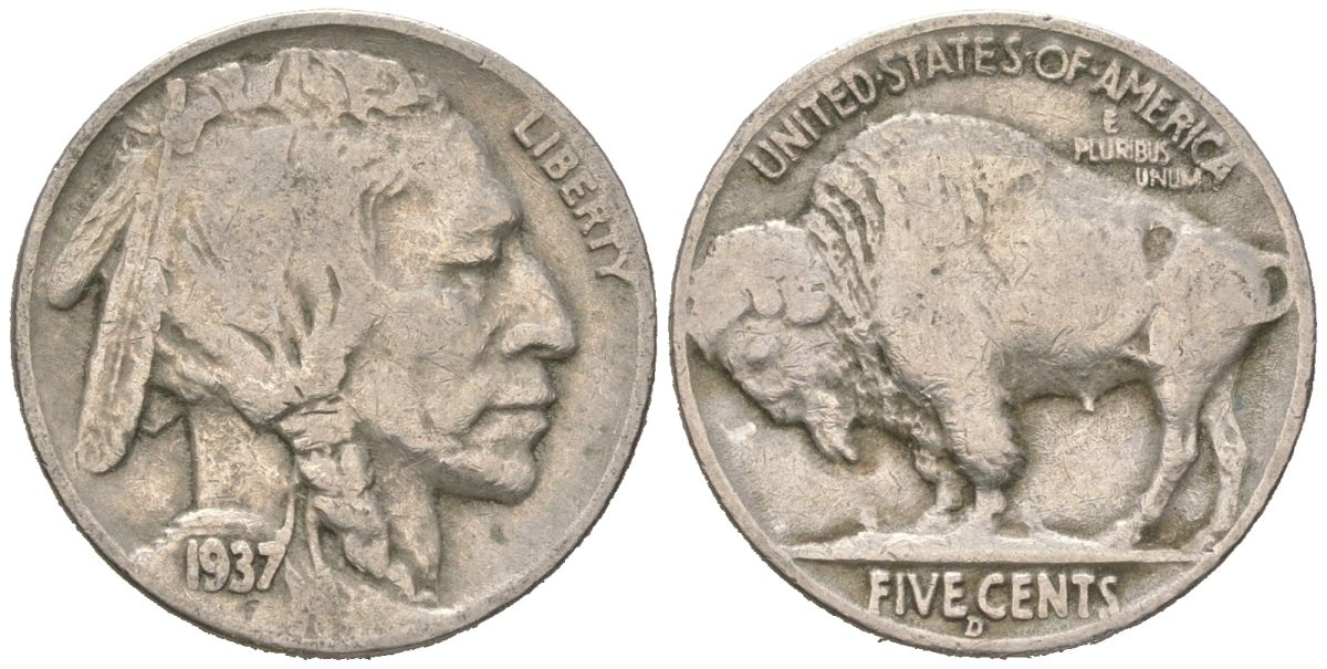 США 5 центов 1937 D, индеец, бизон KM 134 медно-никель 4602-731