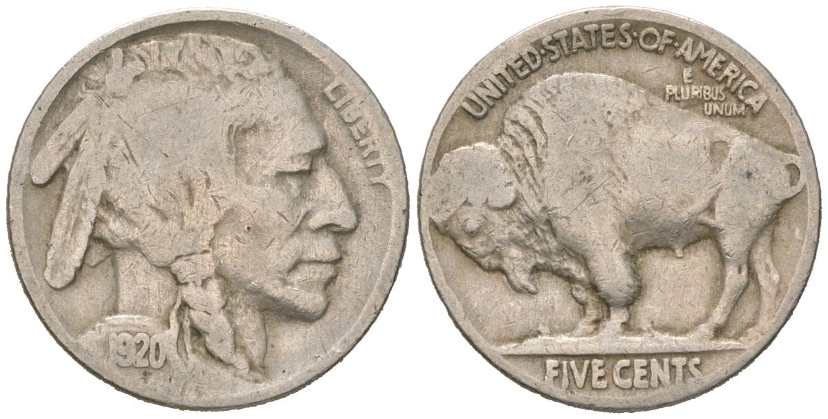 США 5 центов 1920 индеец, бизон KM 134 медно-никель 4614-1042