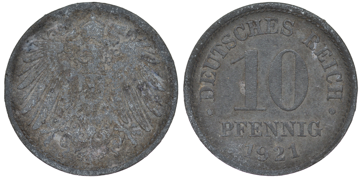 ГЕРМАНИЯ 10 ПФЕННИГОВ 1921 KM 26, J. 299 цинк 45-721