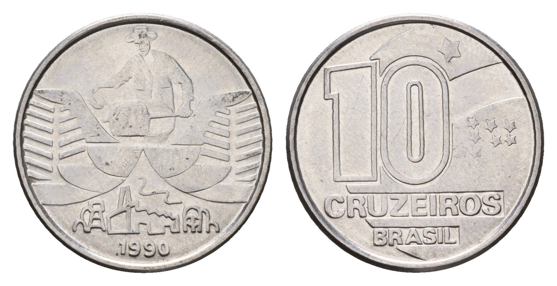 Бразилия 10 крузейро 1990 золотодобыча KM 619 нержавеющая сталь UNC 4686-612