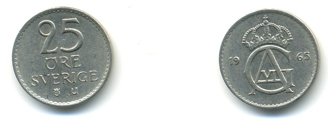 Швеция 25 эре 1965 U, Густав VI Адольф (1950-1973) KM 836 медно-никель UNC 80-768