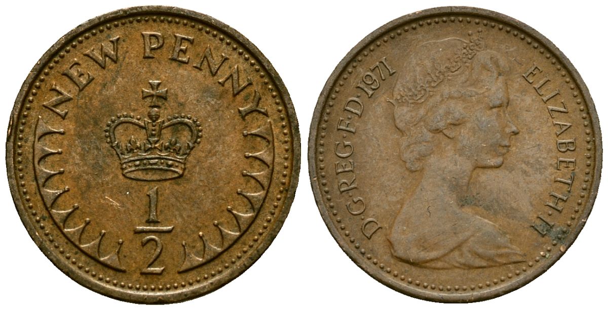 Великобритания 1/2 пенни 1971 Елизавета II (1952-2022) KM 914, Spink 4239 бронза 4136-1138