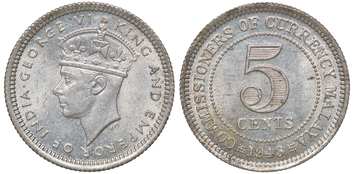 Британская Малайя 5 центов 1943 Георг VI (1937-1952) KM 3a серебро 53-161