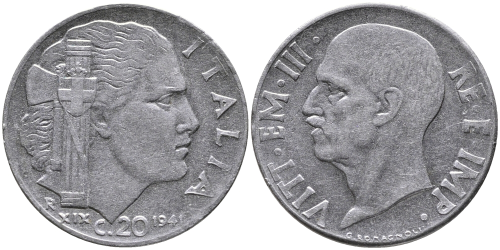 ИТАЛИЯ 20 ЧЕНТЕЗИМО 1941 ГОД XIX, ВИКТОР ИМАНУИЛ III, МАГНИТНАЯ, РУБЧАТЫЙ ГУРТ KM 75b нержавеющая сталь 28-844