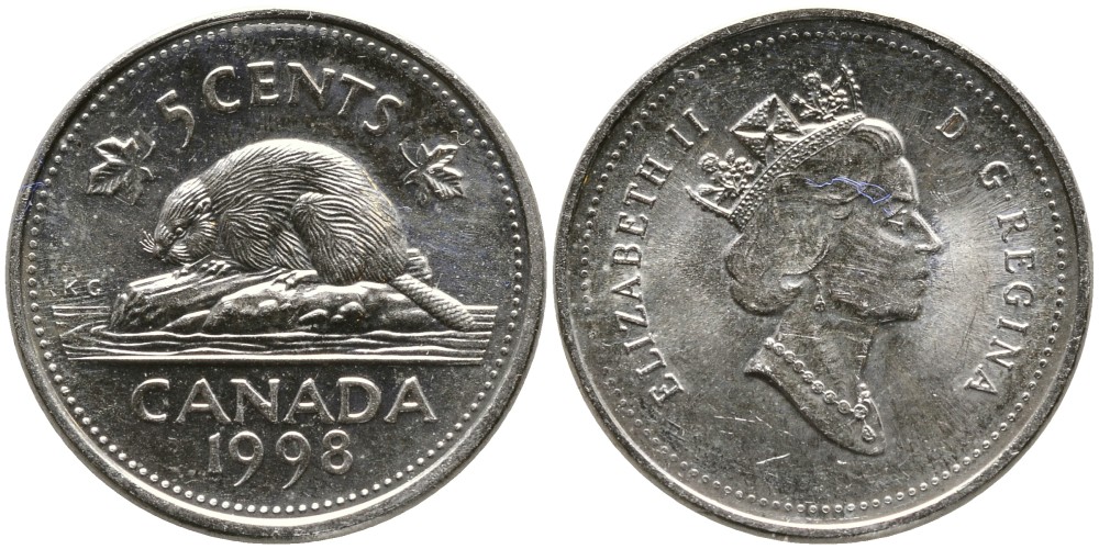 КАНАДА 5 ЦЕНТОВ 1998 ЕЛИЗАВЕТА II (1952-), БОБР, ТРЕТИЙ ПОРТРЕТ В КОРОНЕ KM 182 медно-никель UNC 4543-715