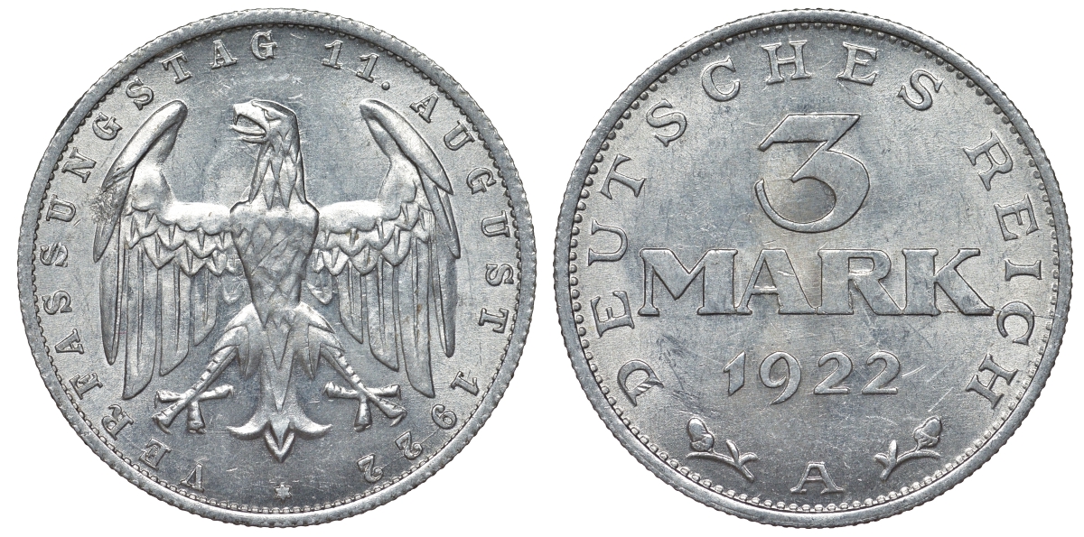Германия 3 марки 1922 A, третья годовщина Веймарской Конституции KM 29, J. 303 алюминий 4123-136