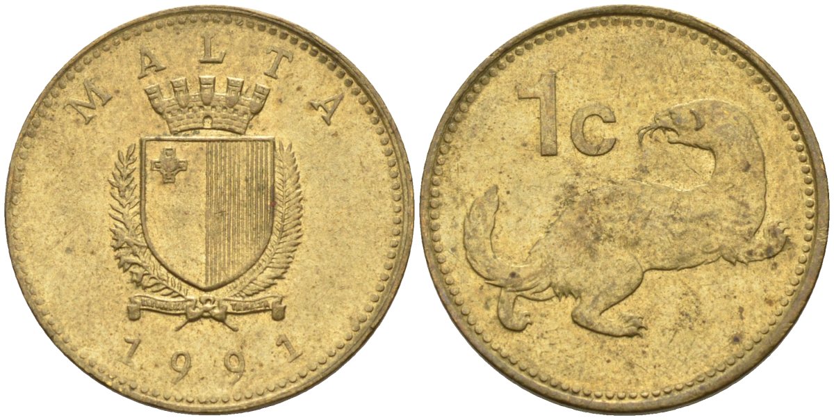 Мальта 1 цент 1991 ласка, горностай KM 93 никель латунь 4585-1213