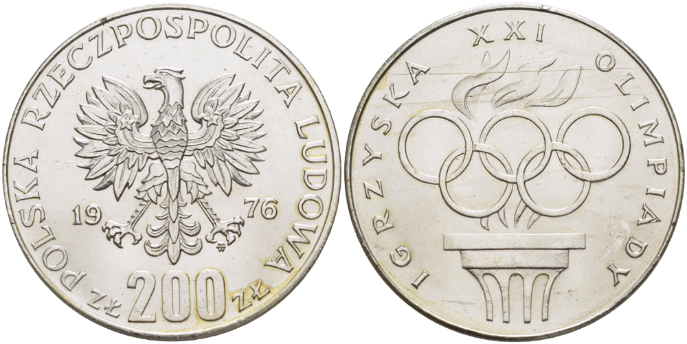 Польша 200 злотых 1976 MW, XXI олимпийские игры 1976 года в Монреале, кольца KM 86, Parchimowicz 306а серебро UNC 1085-1-45