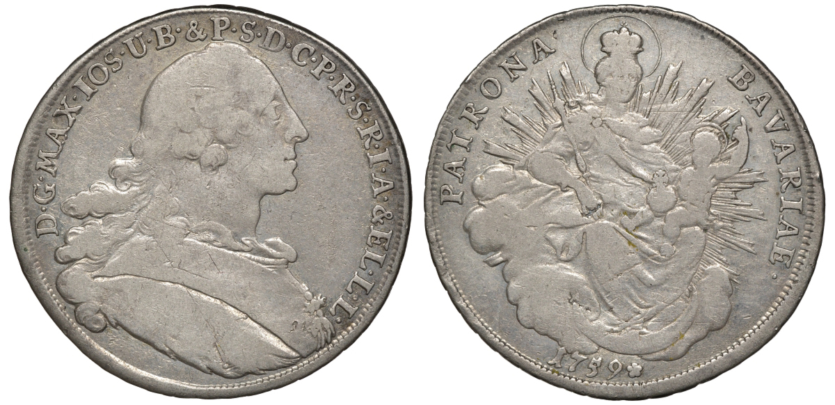 Бавария 1 талер 1759 Максимилиан III Иосиф Карл, Мадонна KM 223.2, Hahn 306, Davenport 1952 серебро 00-1067-7-54