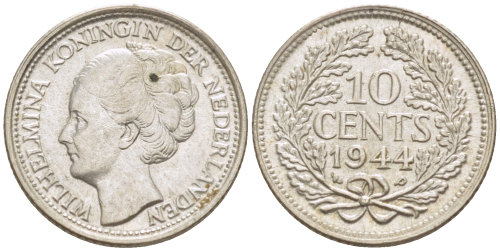 Нидерланды 10 центов 1944 Вильгельмина (1890-1948) KM 163 серебро aUNC 4392-556