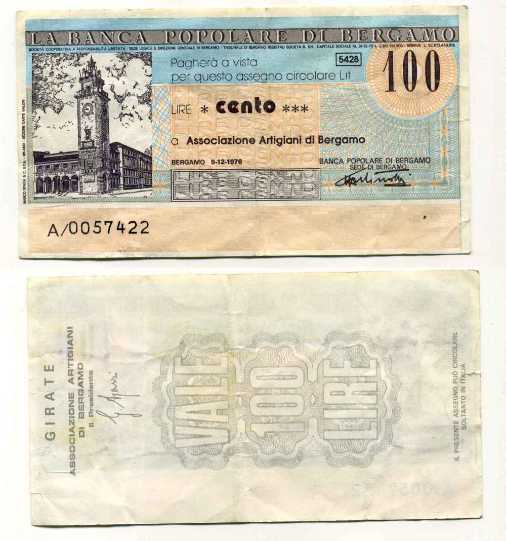 Италия чек на 100 лир 1976 La Banca popoLare Di bergamo, ассоциация мастеров bergamo, 9 декабря 1976 бумага 8588-17-3-1
