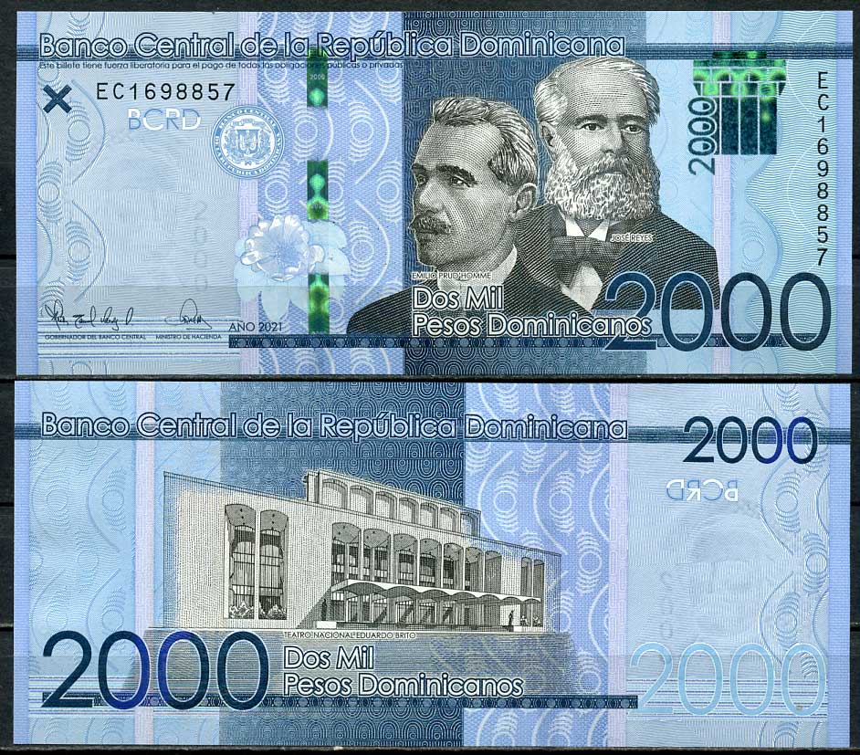 Доминиканская Республика 2000 песо 2021 Эмилио Прудомме, Хосе Рейес, национальный театр Pick 194  бумага  UNC (пресс) 451-658-3