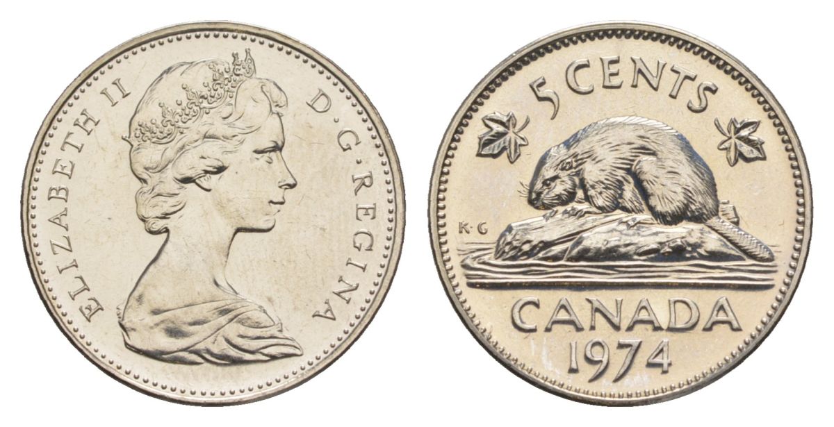 Канада 5 центов 1974 Елизавета II (1952-2022), бобр KM 60.1 никель PROOF-LIKE (BU) 4630-944