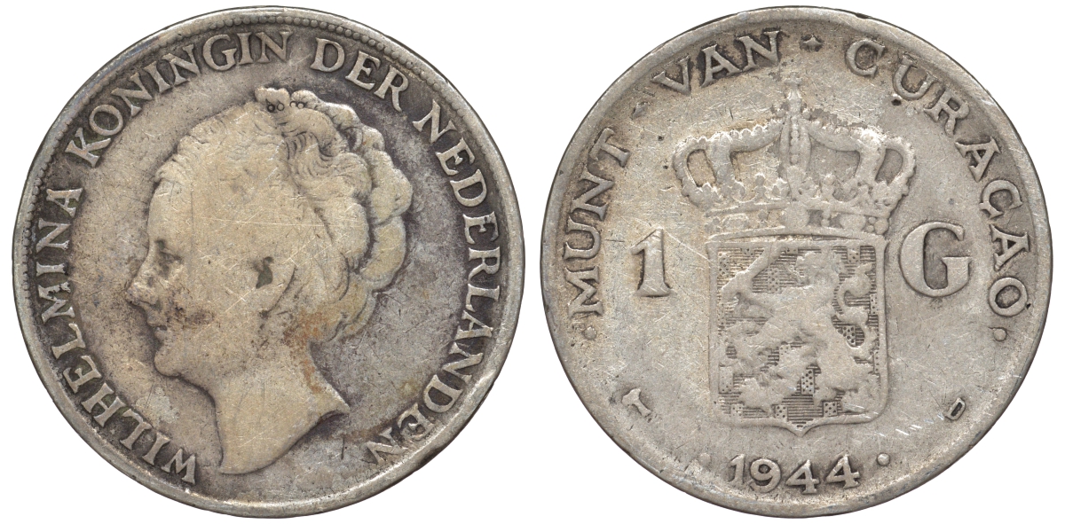 Нидерландское Кюрасао 1 гульден 1944 D, Вильгельмина (1890-1948) KM 45 серебро 36-233