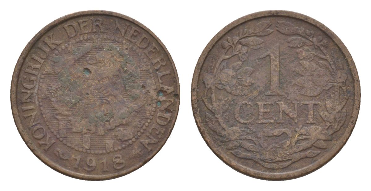 Нидерланды 1 цент 1918 Вильгельмина (1890-1948) KM 152 бронза 75-544