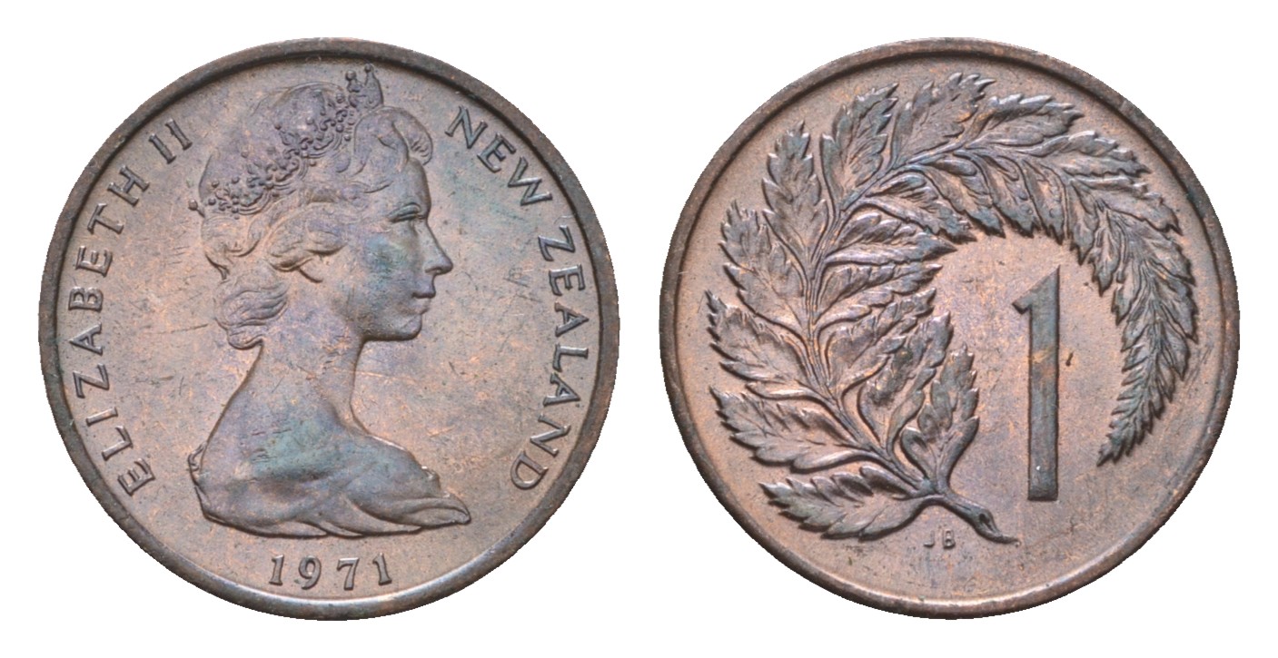 Новая Зеландия 1 цент 1971 Елизавета II (1952-2022), лист папоротника KM 31.1 бронза UNC 4690-823