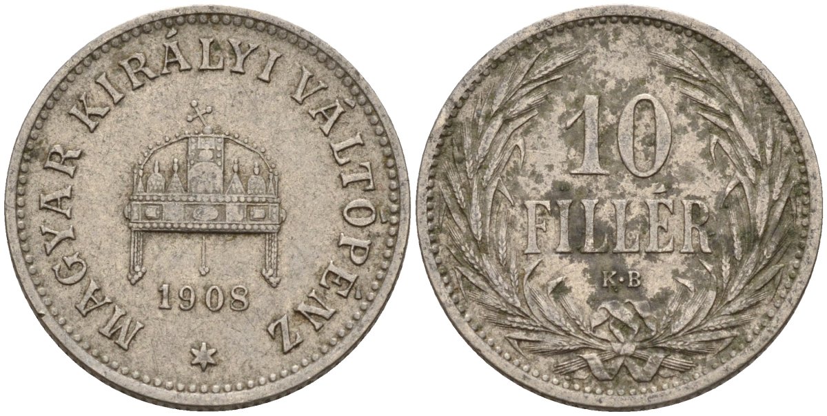 Венгрия 10 филлеров 1908 KB, Франц Иосиф I (1848-1916) KM 482 никель 4151-1111