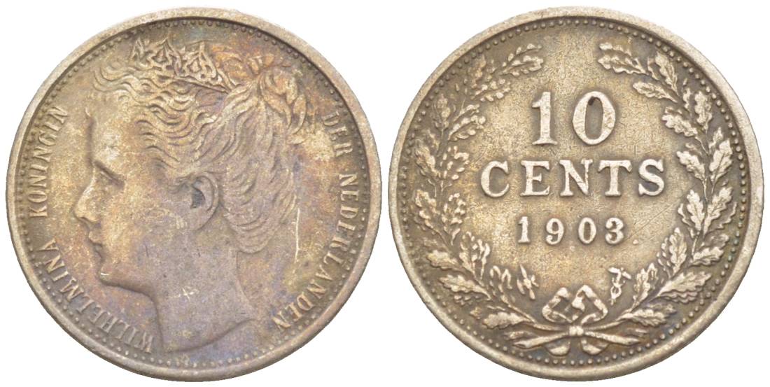 НИДЕРЛАНДЫ 10 ЦЕНТОВ 1903 ВИЛЬГЕЛЬМИНА I (1891-1948) KM 135 серебро 4532-1155