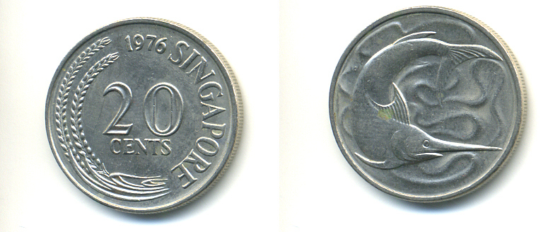 Сингапур 20 центов 1976 голубой марлин, тунец KM 4 медно-никель UNC 86-1147