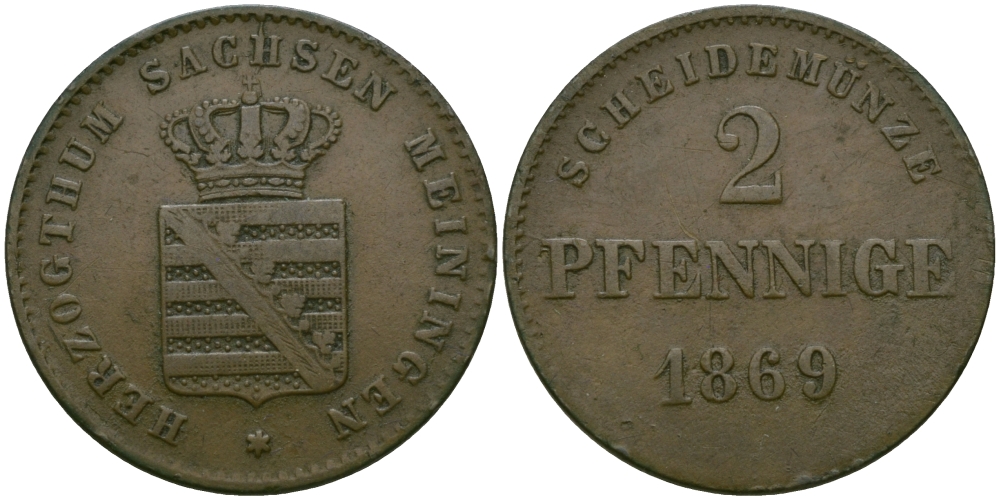 Саксен-Мейнинген 2 пфеннига 1869 Георг II (1866-1914) KM 174, Jaeger 448, AKS 215 медь 99-668