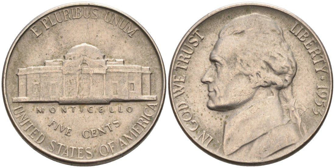 США 5 центов 1953 Джефферсон KM А192 медно-никель 92-1021